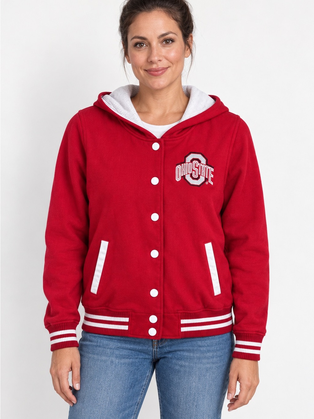 Ohio State Buckeyes Women’s Red Hooded Varsity Jacket Size Medium Snap Front